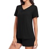 image:imageFindsweet 2 Piece Womens Short Sleeve Pajama Sets Lounge Sleepwear Ladies Pjs Sets with Pockets M3XLV Neckblack