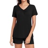 image:imageFindsweet 2 Piece Womens Short Sleeve Pajama Sets Lounge Sleepwear Ladies Pjs Sets with Pockets M3XLV Neckblack
