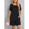 image:imageFindsweet Pajama Set for Women 2 Piece Lounge Set Soft Sleepwear Summer Casual Short Pjs Sets with Pockets M3XLCrew Neckblack