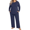 image:imageFindsweet Plus Size Womens Pajamas Sets 2 Piece Long Sleeve Pj Sleepwear Soft Comfy Tops and Pants with PocketsNavy Blue