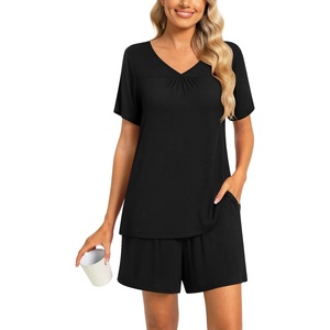 image:imageFindsweet 2 Piece Womens Short Sleeve Pajama Sets Lounge Sleepwear Ladies Pjs Sets with Pockets M3XLV Neckblack