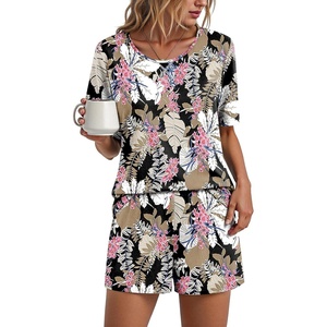 image:imageFindsweet Pajama Set for Women 2 Piece Lounge Set Soft Sleepwear Summer Casual Short Pjs Sets with Pockets M3XLCrew Neckbig Leaf Pink Flower