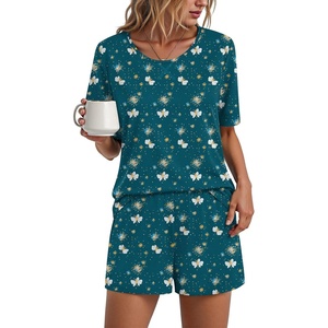 image:imageFindsweet Pajama Set for Women 2 Piece Lounge Set Soft Sleepwear Summer Casual Short Pjs Sets with Pockets M3XLCrew Neckblue Butterfly