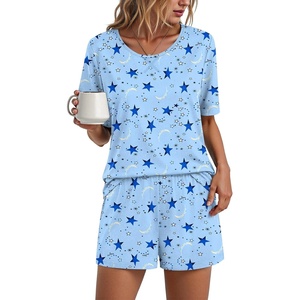 image:imageFindsweet Pajama Set for Women 2 Piece Lounge Set Soft Sleepwear Summer Casual Short Pjs Sets with Pockets M3XLCrew Neckbluestars