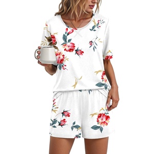 image:imageFindsweet Pajama Set for Women 2 Piece Lounge Set Soft Sleepwear Summer Casual Short Pjs Sets with Pockets M3XLCrew Neckfloral White