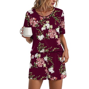 image:imageFindsweet Pajama Set for Women 2 Piece Lounge Set Soft Sleepwear Summer Casual Short Pjs Sets with Pockets M3XLCrew Neckfloral Wine