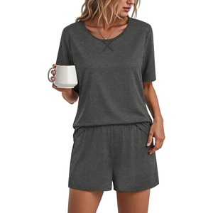 image:imageFindsweet Pajama Set for Women 2 Piece Lounge Set Soft Sleepwear Summer Casual Short Pjs Sets with Pockets M3XLCrew Neckgrey