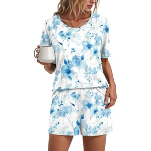 image:imageFindsweet Pajama Set for Women 2 Piece Lounge Set Soft Sleepwear Summer Casual Short Pjs Sets with Pockets M3XLCrew Necklight Blue Fl