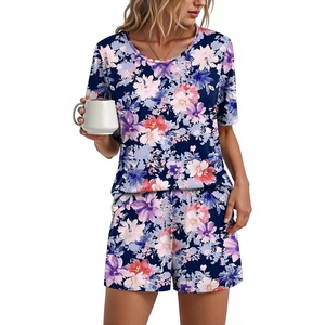 image:imageFindsweet Pajama Set for Women 2 Piece Lounge Set Soft Sleepwear Summer Casual Short Pjs Sets with Pockets M3XLCrew Neckmixed Flower