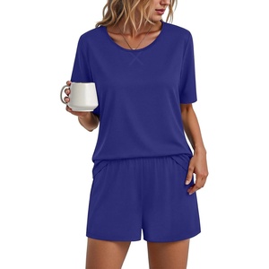 image:imageFindsweet Pajama Set for Women 2 Piece Lounge Set Soft Sleepwear Summer Casual Short Pjs Sets with Pockets M3XLCrew Neckroyal Blue