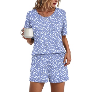 image:imageFindsweet Pajama Set for Women 2 Piece Lounge Set Soft Sleepwear Summer Casual Short Pjs Sets with Pockets M3XLCrew Neckspotted Blue