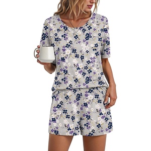 image:imageFindsweet Pajama Set for Women 2 Piece Lounge Set Soft Sleepwear Summer Casual Short Pjs Sets with Pockets M3XLGray Purple Floral