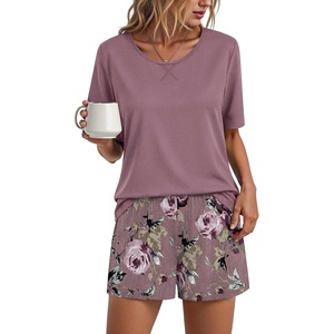 image:imageFindsweet Pajama Set for Women 2 Piece Lounge Set Soft Sleepwear Summer Casual Short Pjs Sets with Pockets M3XLPurple Redfloral