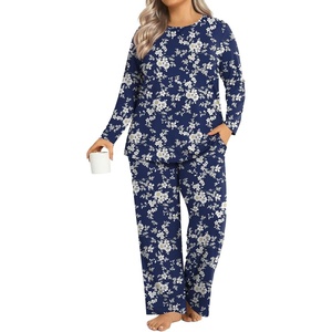 image:imageFindsweet Plus Size Womens Pajamas Sets 2 Piece Long Sleeve Pj Sleepwear Soft Comfy Tops and Pants with PocketsA3 White Little Flower