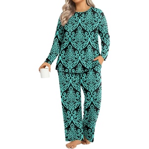 image:imageFindsweet Plus Size Womens Pajamas Sets 2 Piece Long Sleeve Pj Sleepwear Soft Comfy Tops and Pants with PocketsAbluegreen