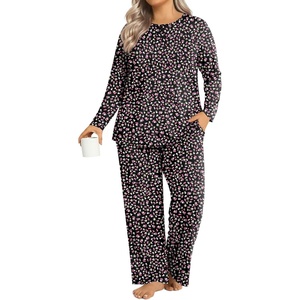 image:imageFindsweet Plus Size Womens Pajamas Sets 2 Piece Long Sleeve Pj Sleepwear Soft Comfy Tops and Pants with PocketsAfloral Black