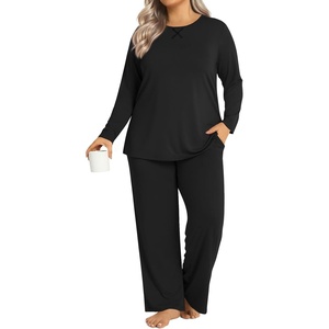 image:imageFindsweet Plus Size Womens Pajamas Sets 2 Piece Long Sleeve Pj Sleepwear Soft Comfy Tops and Pants with PocketsBlack