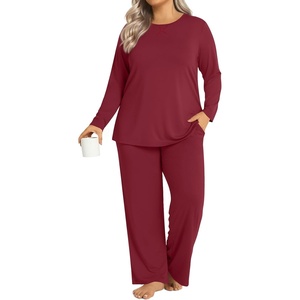 image:imageFindsweet Plus Size Womens Pajamas Sets 2 Piece Long Sleeve Pj Sleepwear Soft Comfy Tops and Pants with PocketsBurgundy