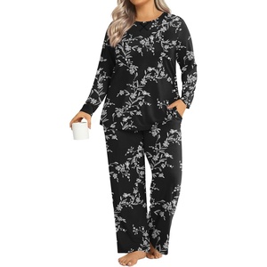 image:imageFindsweet Plus Size Womens Pajamas Sets 2 Piece Long Sleeve Pj Sleepwear Soft Comfy Tops and Pants with PocketsCarved White Black