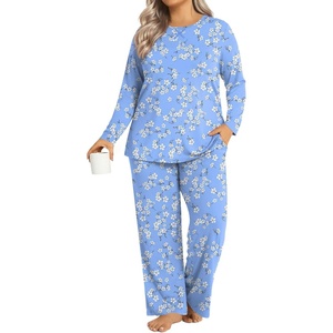 image:imageFindsweet Plus Size Womens Pajamas Sets 2 Piece Long Sleeve Pj Sleepwear Soft Comfy Tops and Pants with PocketsFl Pale Blue White