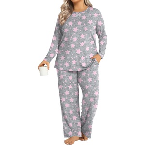 image:imageFindsweet Plus Size Womens Pajamas Sets 2 Piece Long Sleeve Pj Sleepwear Soft Comfy Tops and Pants with PocketsFl Pink Star