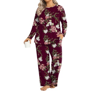 image:imageFindsweet Plus Size Womens Pajamas Sets 2 Piece Long Sleeve Pj Sleepwear Soft Comfy Tops and Pants with PocketsFloral Wine