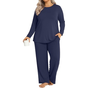 image:imageFindsweet Plus Size Womens Pajamas Sets 2 Piece Long Sleeve Pj Sleepwear Soft Comfy Tops and Pants with PocketsNavy Blue