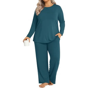 image:imageFindsweet Plus Size Womens Pajamas Sets 2 Piece Long Sleeve Pj Sleepwear Soft Comfy Tops and Pants with PocketsSmoky Blue