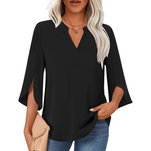image:imageFindsweet Women Blouses Dressy Casual 34 Sleeve Tops Business Work Chiffon Office V Neck Shirts M4XL34 SleeveBlack