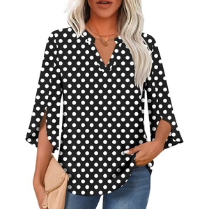 image:imageFindsweet Women Blouses Dressy Casual 34 Sleeve Tops Business Work Chiffon Office V Neck Shirts M4XL34 SleeveBlack Polka Dot