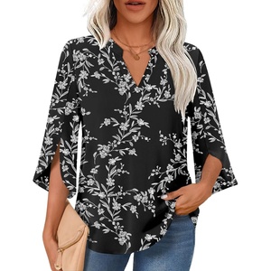 image:imageFindsweet Women Blouses Dressy Casual 34 Sleeve Tops Business Work Chiffon Office V Neck Shirts M4XL34 SleeveBlack White Flower