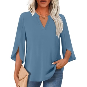 image:imageFindsweet Women Blouses Dressy Casual 34 Sleeve Tops Business Work Chiffon Office V Neck Shirts M4XL34 SleeveBlue