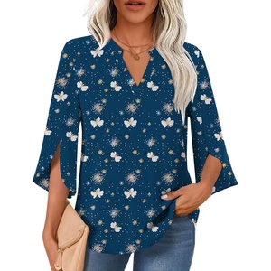 image:imageFindsweet Women Blouses Dressy Casual 34 Sleeve Tops Business Work Chiffon Office V Neck Shirts M4XL34 SleeveBlue Butterfly