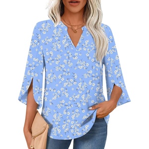 image:imageFindsweet Women Blouses Dressy Casual 34 Sleeve Tops Business Work Chiffon Office V Neck Shirts M4XL34 SleeveBlue White Flower
