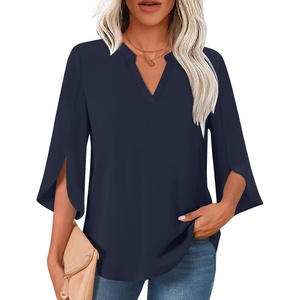 image:imageFindsweet Women Blouses Dressy Casual 34 Sleeve Tops Business Work Chiffon Office V Neck Shirts M4XL34 SleeveDark Blue