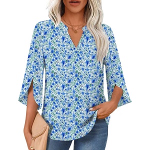 image:imageFindsweet Women Blouses Dressy Casual 34 Sleeve Tops Business Work Chiffon Office V Neck Shirts M4XL34 SleeveInk Blue Flower
