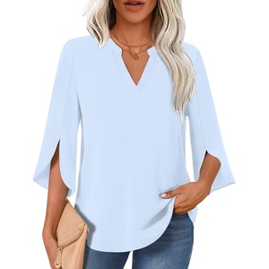 image:imageFindsweet Women Blouses Dressy Casual 34 Sleeve Tops Business Work Chiffon Office V Neck Shirts M4XL34 SleeveLight Blue