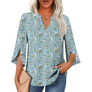 image:imageFindsweet Women Blouses Dressy Casual 34 Sleeve Tops Business Work Chiffon Office V Neck Shirts M4XL34 SleeveLight Blue Flowers