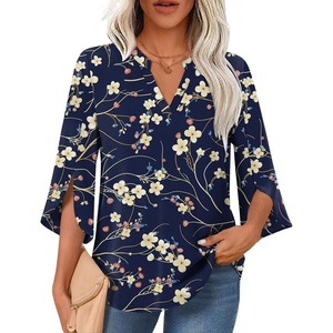 image:imageFindsweet Women Blouses Dressy Casual 34 Sleeve Tops Business Work Chiffon Office V Neck Shirts M4XL34 SleeveNavy Blue Winter Fl