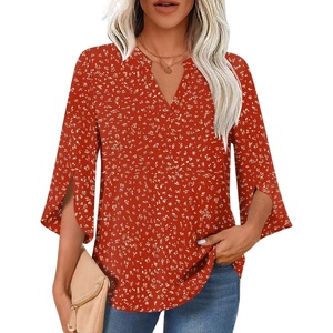 image:imageFindsweet Women Blouses Dressy Casual 34 Sleeve Tops Business Work Chiffon Office V Neck Shirts M4XL34 SleevePolka Dots Red