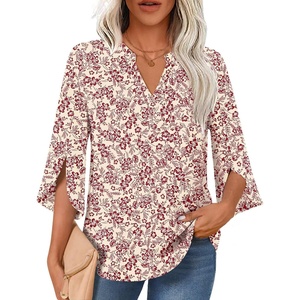 image:imageFindsweet Women Blouses Dressy Casual 34 Sleeve Tops Business Work Chiffon Office V Neck Shirts M4XL34 SleeveRed Flower White