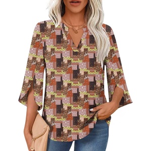 image:imageFindsweet Women Blouses Dressy Casual 34 Sleeve Tops Business Work Chiffon Office V Neck Shirts M4XL34 SleeveVintage Checkers