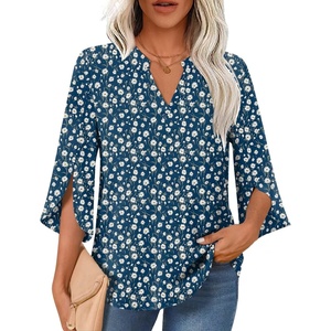 image:imageFindsweet Women Blouses Dressy Casual 34 Sleeve Tops Business Work Chiffon Office V Neck Shirts M4XLBluewhite Daisy