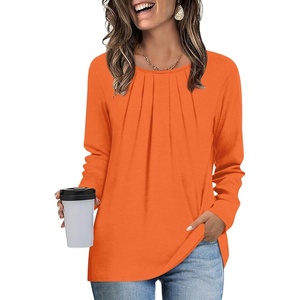 image:imageFindsweet Womens Long Sleeve Tunic Tops Dressy Casual Crewneck Pleated Shirts Fashion TrendyRound Neckorange