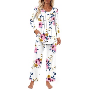 image:imageFindsweet Womens Pajama Set 2 Piece Lounge Outfits Soft Sleepwear Fall Long Sleeve Long Pant With Pockets Ladies Pjs S3XLA1 Pink Flowerwhite