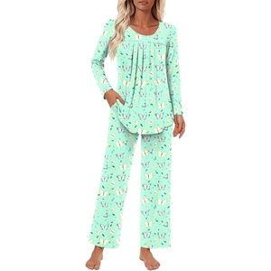 image:imageFindsweet Womens Pajama Set 2 Piece Lounge Outfits Soft Sleepwear Fall Long Sleeve Long Pant With Pockets Ladies Pjs S3XLButterfly Green