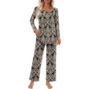 image:imageFindsweet Womens Pajama Set 2 Piece Lounge Outfits Soft Sleepwear Fall Long Sleeve Long Pant With Pockets Ladies Pjs S3XLFloral Khakiblack