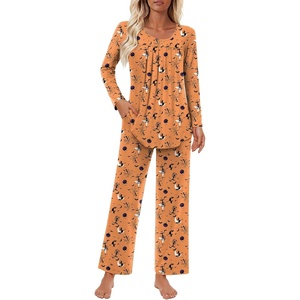 image:imageFindsweet Womens Pajama Set 2 Piece Lounge Outfits Soft Sleepwear Fall Long Sleeve Long Pant With Pockets Ladies Pjs S3XLHalloween Orange