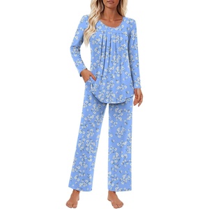 image:imageFindsweet Womens Pajama Set 2 Piece Lounge Outfits Soft Sleepwear Fall Long Sleeve Long Pant With Pockets Ladies Pjs S3XLLight Blue Floral