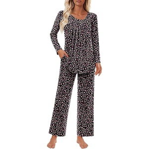 image:imageFindsweet Womens Pajama Set 2 Piece Lounge Outfits Soft Sleepwear Fall Long Sleeve Long Pant With Pockets Ladies Pjs S3XLLittle Flower Black
